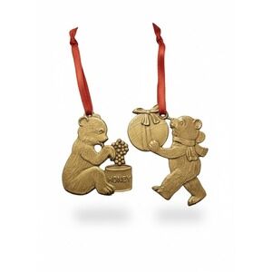 Vintage Brass Bear Christmas Ornaments Set Honey Pot Present Holiday Decor